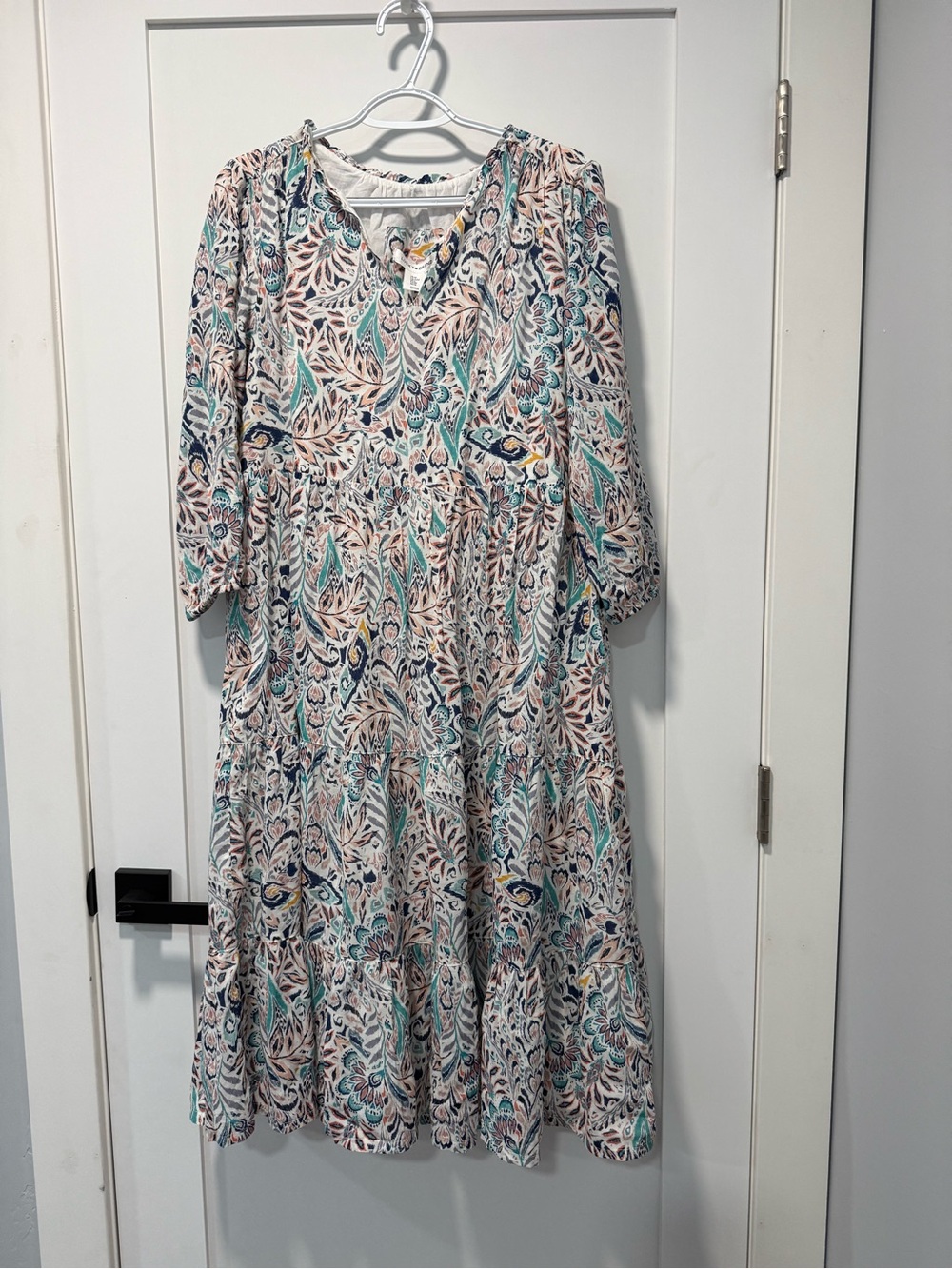 Lucky Brand Teal, Blush & Navy Paisley Tiered Midi Dress